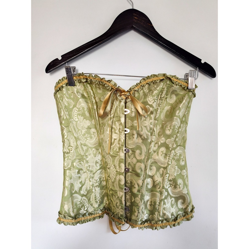 Overbust Corset Top Small Green Brocade Damask Jacquard Renaissance Fairycore